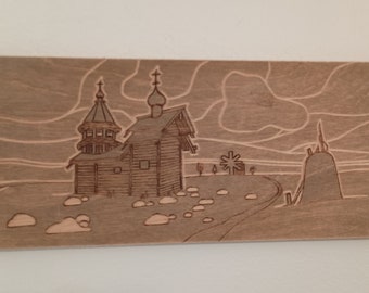 Vintage Soviet etching on wood 12x5.5 in