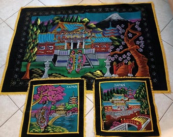 Japanese tapestry set Mt. Fuji cherry blossoms vintage Japanese tapestry