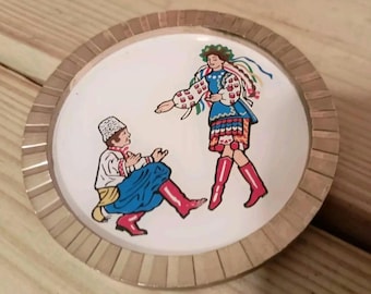 Ukrainian porcelain coaster brass framed polka dancing partners