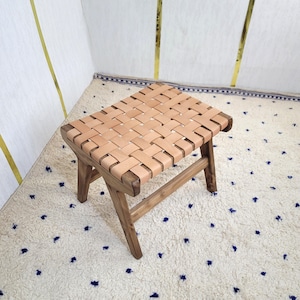 Handmade Moroccan Leather Stool, Leather Strap Design, Perfect for Living Room Chairs, Table Accent, Boho Home Decor, Unique Footstool Gift