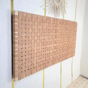 Handmade Leather Woven Headboard, Wall Leather Strap, Leather Light Tan, Easy install Hanging Headboard for King, Queen, Double, Single Beds