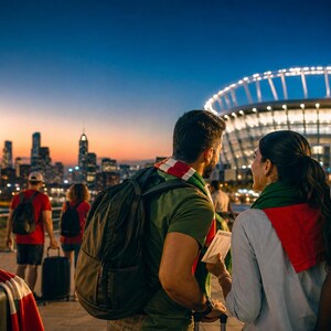 Può includere: Un gruppo di viaggiatori con sciarpe verdi e rosse e zaini neri si trova vicino a una valigia con sopra un pallone da calcio. Sullo sfondo, un grande tabellone digitale mostra le informazioni sui voli davanti allo skyline di una città.