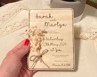 Wooden Wedding invitations with dried flower detail, personalised invite, engraved rustic wood wedding invite, custom made invitation