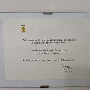 Almuerzo de Navidad de Ferrari 2006 con membrete de Jean Todt