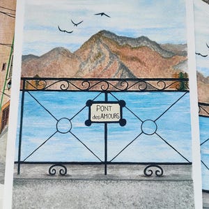 Illustrationsdruck Brücke der Lieben, Annecy, Frankreich. Aquarellillustration der Herbstlandschaft vor dem See A4.