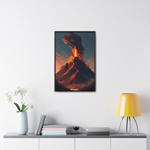 May include: A framed illustration of a volcano erupting with a large plume of smoke and lava flowing down the sides. The volcano is set against a dark blue sky with a few clouds.
