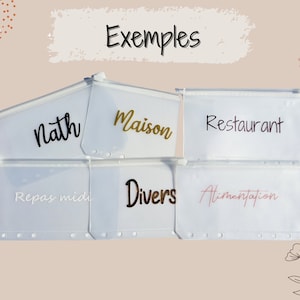 May include: Clear plastic zippered pouches with various labels, including "nath," "maison," and "restaurant." The word "Exemples" is written at the top. The pouches are arranged on a light brown background with floral accents.