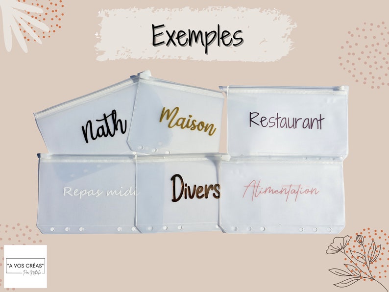 May include: Clear plastic zippered pouches with various labels, including "nath," "maison," and "restaurant." The word "Exemples" is written at the top. The pouches are arranged on a light brown background with floral accents.