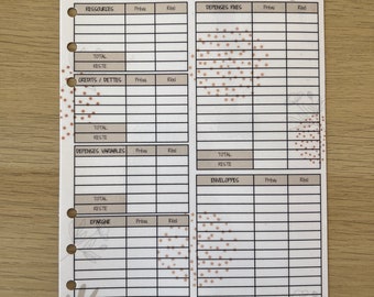 A5 Fiche budget mensuel plastifiée perforée pour classeur A5 6 anneaux, fiche suivi budget