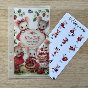 Op de afbeelding: Een doorzichtige plastic hoes met een decoratief inzetstuk met cartoonmuizen en aardbeien. Het inzetstuk heeft de tekst "Mon Défi Petites Souris". Er is ook een aparte kaart met muizenillustraties en de tekst "Petites souris".