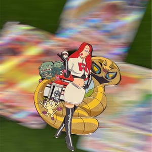 May include: A metal enamel pin featuring a red-haired character in a white crop top with a red R, a white skirt, and black boots. The character is surrounded by a yellow cobra, a small cat-like creature, and a green creature, with a Poké Ball in hand.