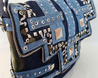 Black Large Y2K Style Punk Rock Denim Leather Backpack,alt Fashion