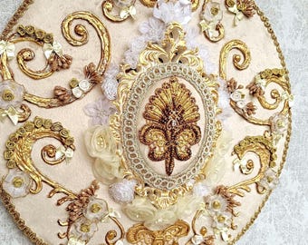 Plato de pared de terciopelo rococó francés único, decoración de Versalles hecha a mano por María Antonieta