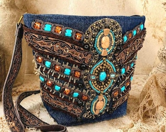 Bolso vaquero vintage con bordados de cuentas, bolso único hecho a mano.