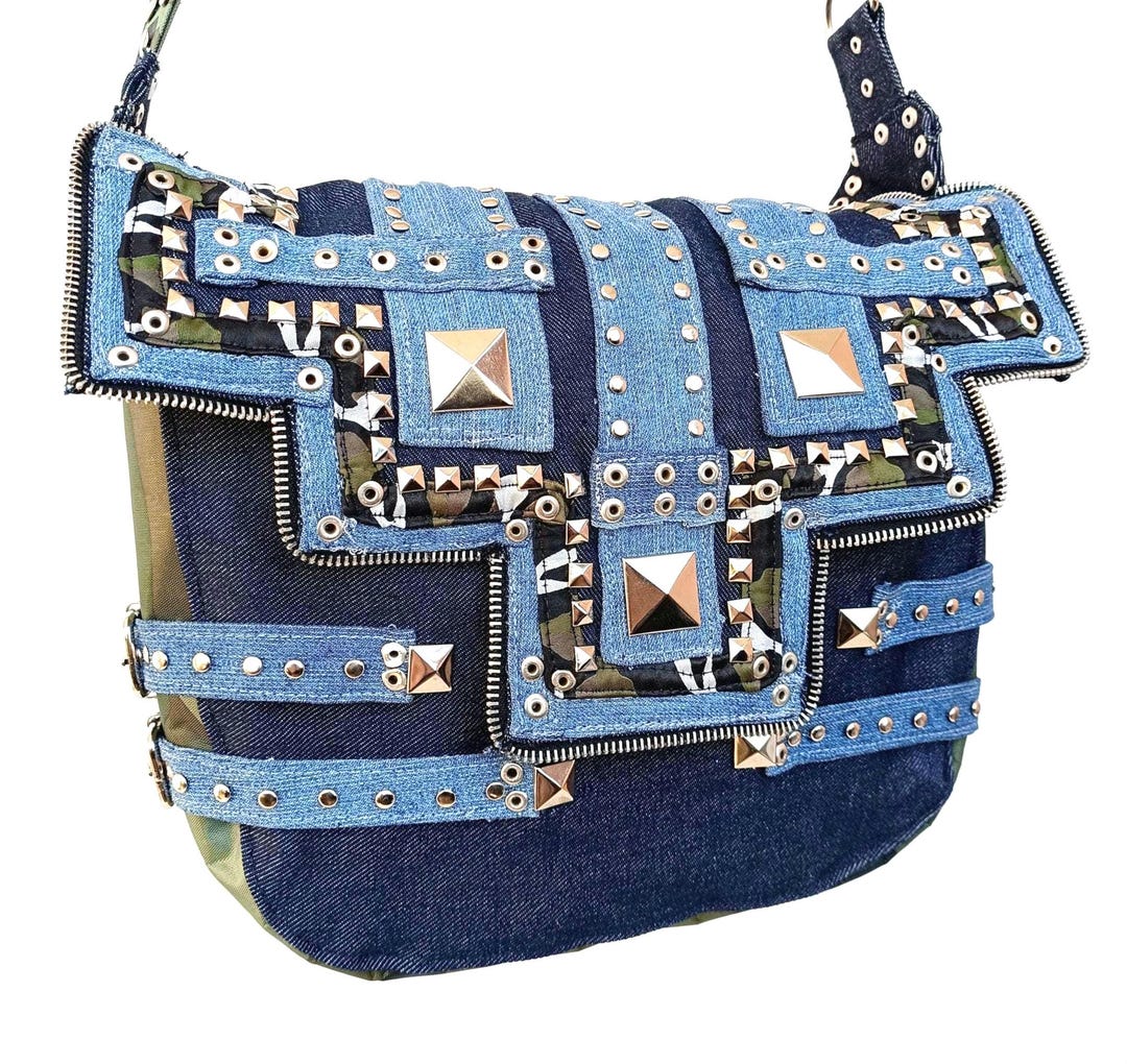 Punk Rock Style Alternative Crust Patch Studded Denim Handbag,cyberpunk ...