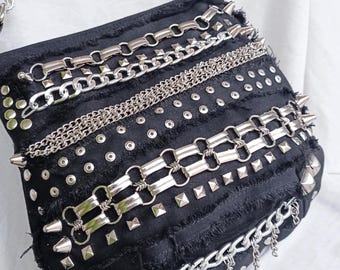 Gothic studded denim crossbody,punk rock small goth bag