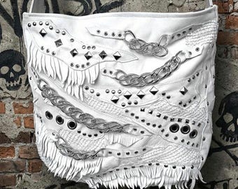 Weiße Leder Gothic Crossbody, Große Steampunk Punk Rock Tasche