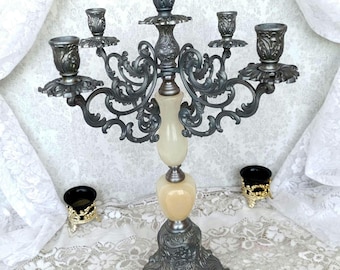 Candelabro italiano antiguo de 5 brazos de metal ónix, portavelas antiguo