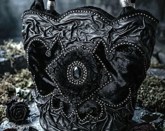 Bolso victoriano gótico de terciopelo y cuero, bolso gótico romántico oscuro