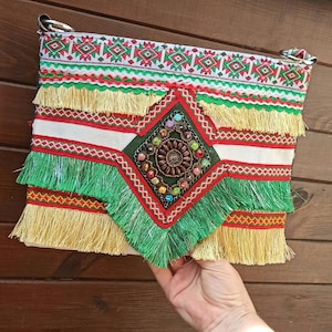 Sac à franges multicolore avec tenue mexicaine, pochette de créateur de style bohème avec fermeture à glissière avec poche, petit sac à main portefeuille ethnique banjara, sac de festival