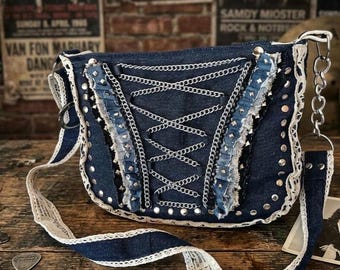 Bolso bandolera gótico victoriano de mezclilla con tachuelas, bolso Whimsigoth Y2K hecho a mano