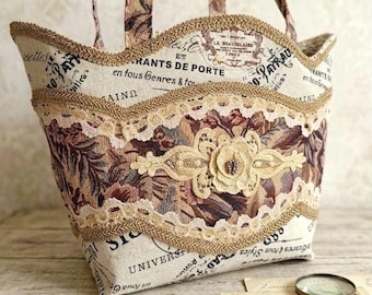 Bolso francés vintage de lino bordado, bolso grande victoriano