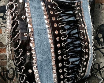Punk rock studded Denim Leather Small CrossBody,Vkei Grunge gothic Bag