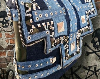Punk rock denim studded crossbody,handmade gothic bag