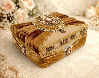 Cofre de joyería victoriano de terciopelo dorado, caja de lujo francesa hecha a mano