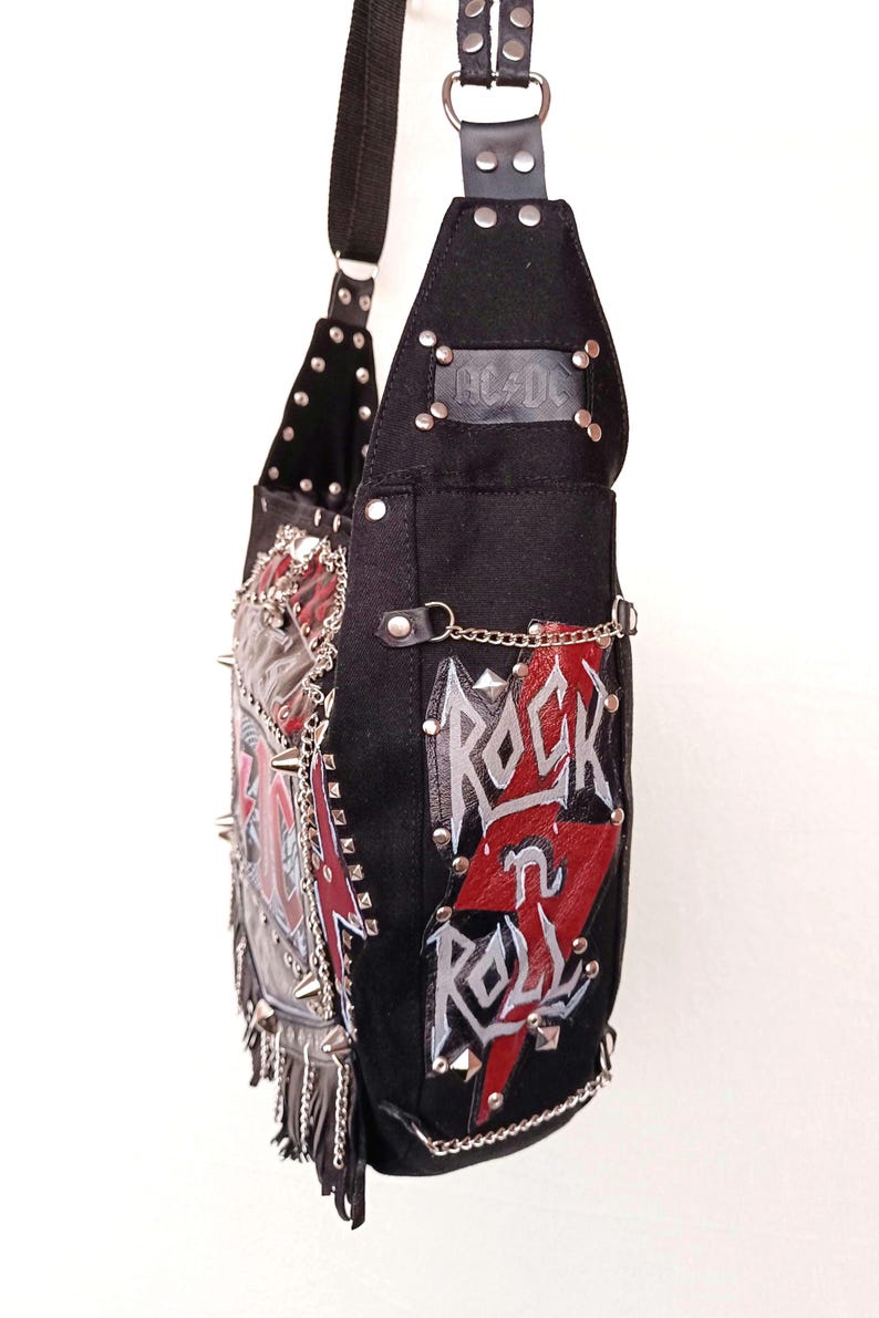 Rock and roll concert festival satchel handbag across leather patched personalized custom cute medium large school shoulder bag with chained strap