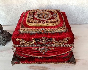 Joyero victoriano de terciopelo, caja de lujo grande hecha a mano para guardar recuerdos.