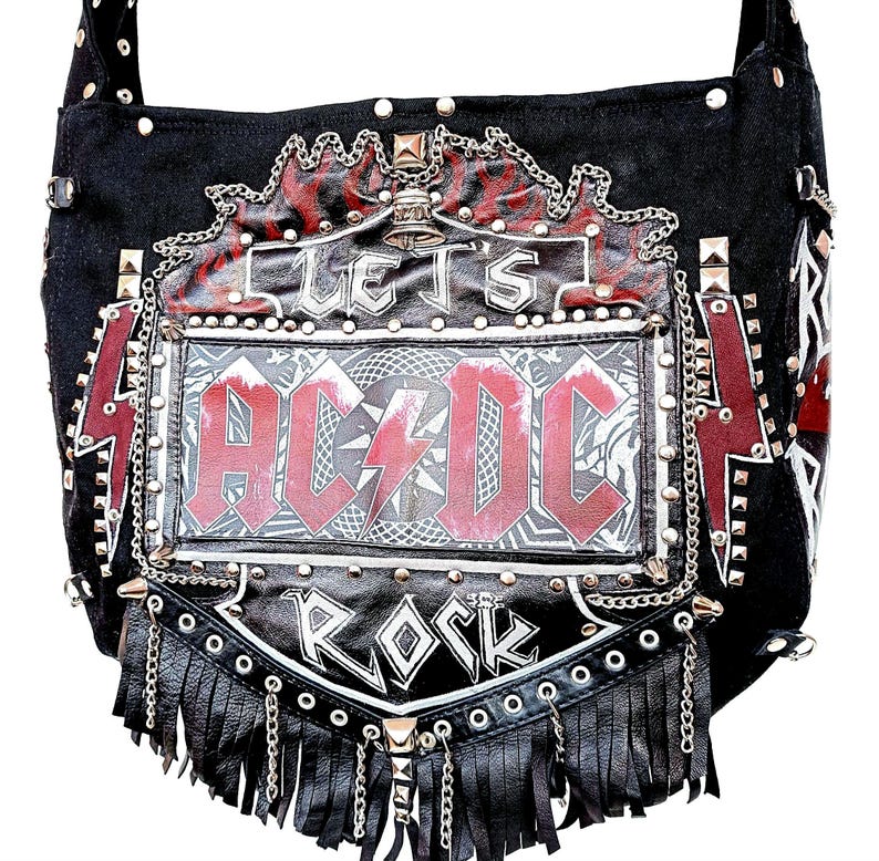 ACDC merchandise 70s 80s outfit fashion style metal core music band handmade custom personalized handbag crossbody Messenger bag black leather denim patches studded rivets Chained strap cross fringe tassel Deathrock rocker egirl