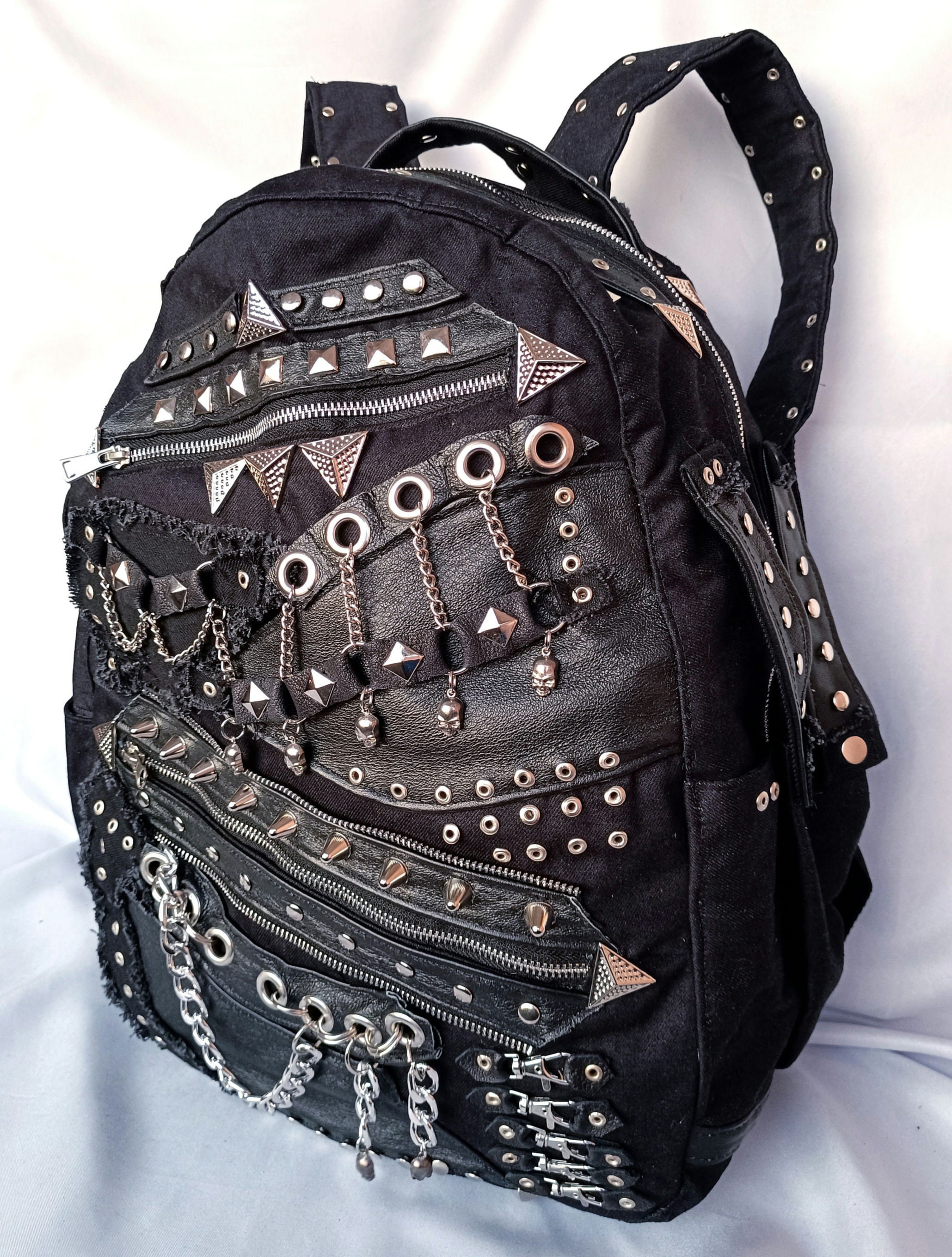 Black Large Y2K Style Punk Rock Denim Leather Backpack alt Fashion Cyber Goth Scenecore Rucksack visual Kei Grunge Wear Back to school Bag Etsy