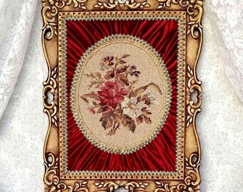 Vintage petit point needlepoint wall art,handmade velvet victorian decor