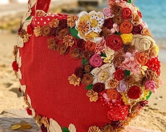 Bolso de yute con encaje bordado, bolso vintage de estilo shabby chic