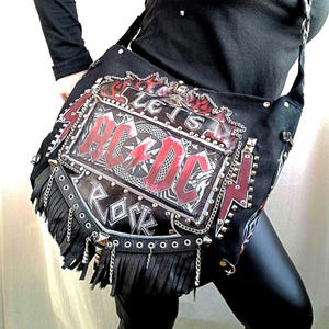 Alternative Rock Y2K Alt Fashion ac DC Cyber Goth Style Witchery Metal music band handcrafted unique steampunk messenger bag black red gray riot grrrl egirl emo aesthetic whimsical  Crossbag