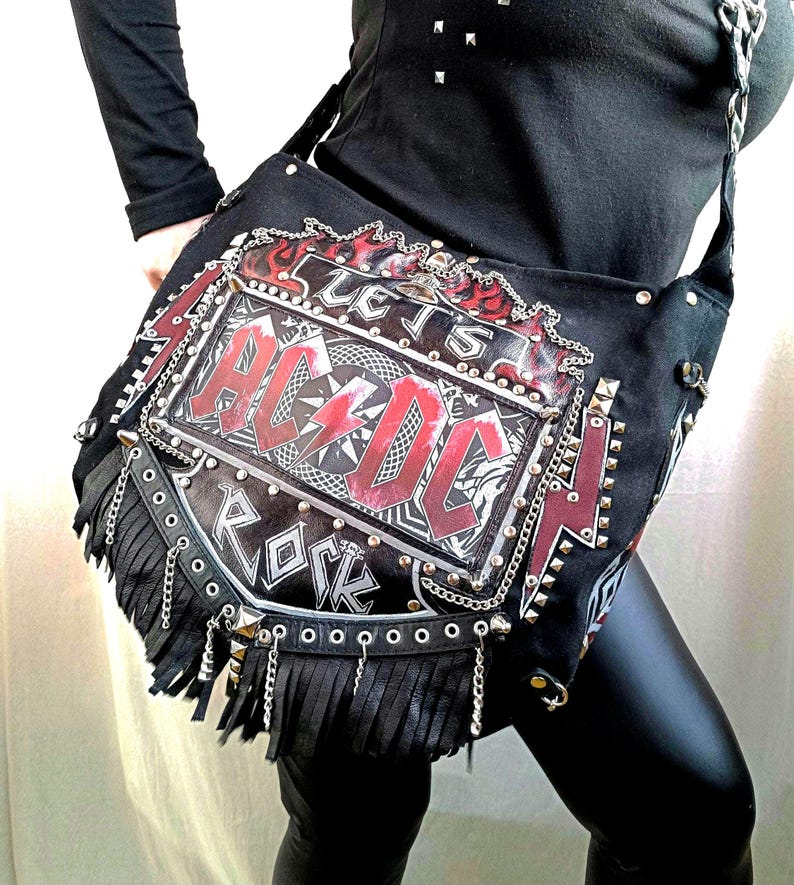 Alternative Rock Y2K Alt Fashion ac DC Cyber Goth Style Witchery Metal music band handcrafted unique steampunk messenger bag black red gray riot grrrl egirl emo aesthetic whimsical  Crossbag