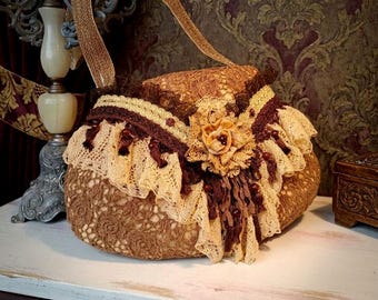 Bolso francés de encaje de bolillos hecho a mano, bolso vintage shabby chic con volantes