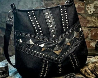Gothic Denim & Leder Crossbody, handgefertigte Punk Rock Gothic Tasche