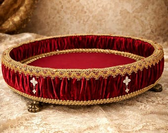 Bandeja de tocador victoriana de terciopelo rojo dorado, decoración de tocador de lujo