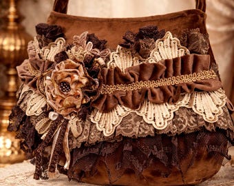 Bolso victoriano de terciopelo y encaje, bolso de estilo antiguo francés vintage.