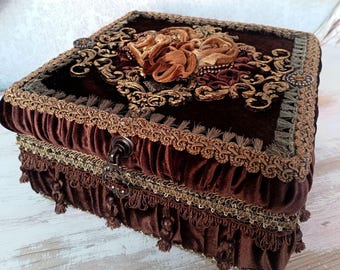 Vintage antique style velvet jewelry box,handmade large luxury keepsake
