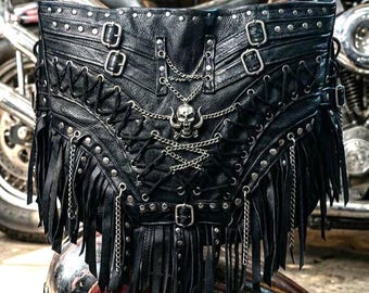 Studded black leather fringe large cross Body, Vkei Y2K gothic bag