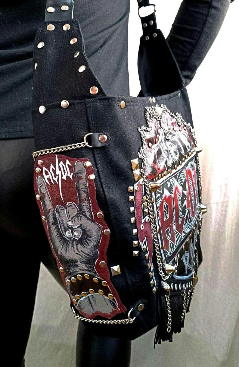 scenecore cross over bag Jean denim studded bag with rivets and spikes, punk Rock style dark Cottagecore hobo bag medium size,