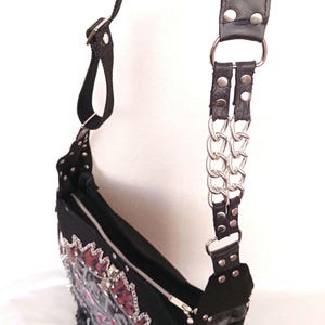 hand made ooak unique gift metal core trad Goth clothes totebag aesthetic steampunk messenger bag, unisex customised patch work dark academy shoulder bag, birthday gift, handbag across black studded chained strap zipper pockets bag