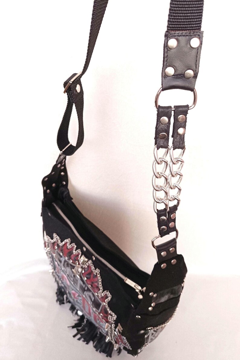 hand made ooak unique gift metal core trad Goth clothes totebag aesthetic steampunk messenger bag, unisex customised patch work dark academy shoulder bag, birthday gift, handbag across black studded chained strap zipper pockets bag