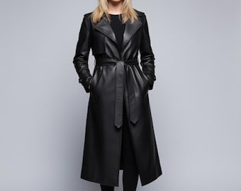 Vintage Women's Black Belted Long Leather Trench Coat Genuine