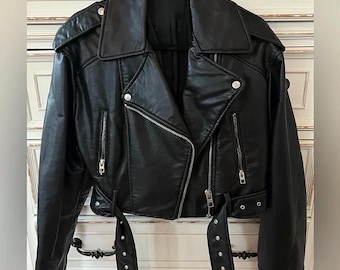 Women’s Black Real Leather Biker Jacket – Cropped Moto Jacket with Belt, Asymmetrical Zip, Slim Fit Streetwear Coat