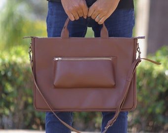 Chocolate Leather laptop bag, Leather Laptop Sleeve, Leather Mackbook Bag, Shoulder Laptop Bag with Strap, Crossbody Bag