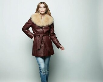 Women's Sheepskin Leather Maroon Fur Coat | Shearling Fur Leather Jacket | Ladies Real Shearling Vintage Style Belted Coat
